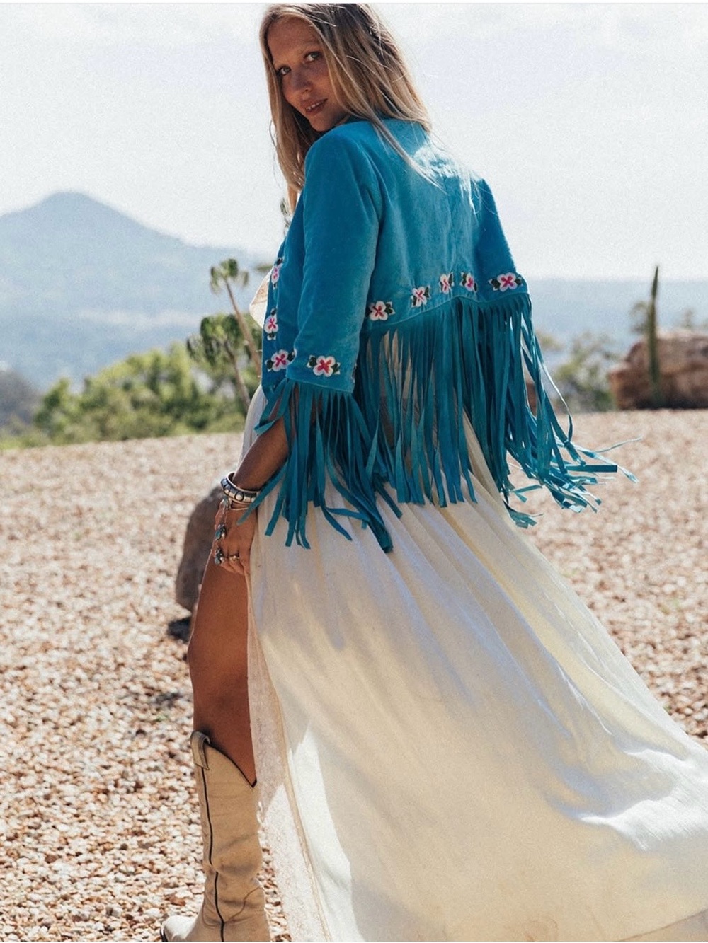 New Chasing Unicorns blue velvet suede western star fringe jacket - Picture 4 of 11